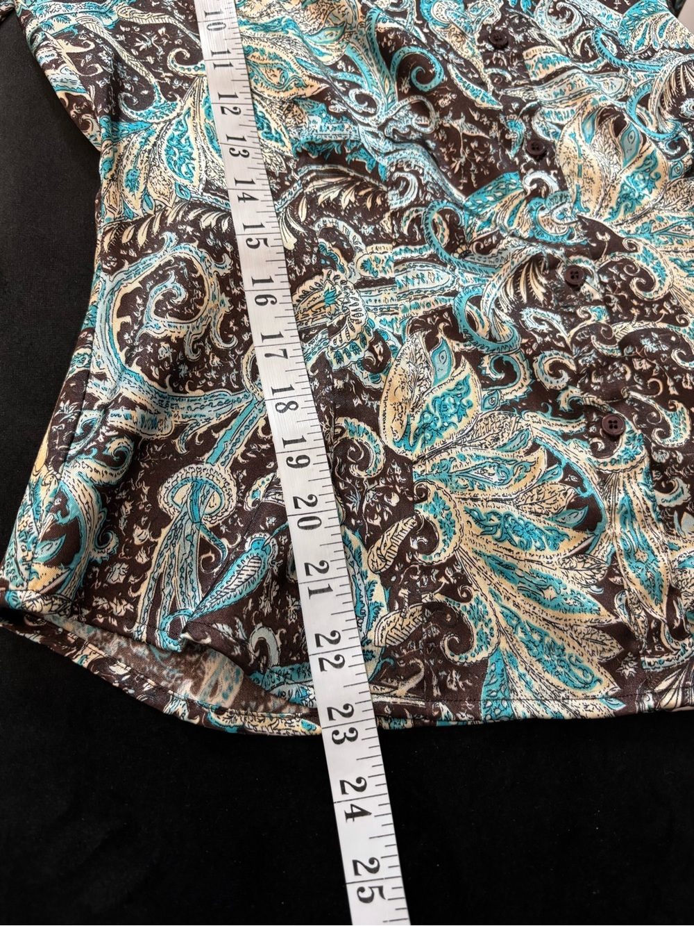 Paisley Button-Front Long-Sleeve Top in Teal and Brown Stretch - Picture 10 of 10